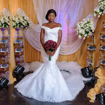 Африкански сватбени рокли на русалка с отворени рамене, бродирани с мъниста апликации, тюлевые сватбени рокли с влак, по-големи размери