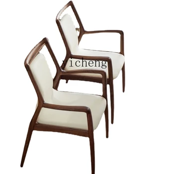 Трапезария стол Xl от черно орехово дърво, лек, луксозен Дизайнерски стол за почивка от масивна дървесина и кожа
