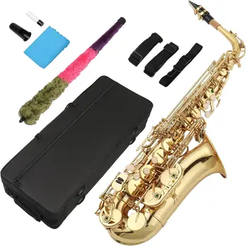 Алт-саксофон kolns Месинг, покрита със златист лак, Ми бемол, Саксофон, Дървен духов инструмент с четка за почистване, калъф, каишка, Ръкавици, Аксесоари