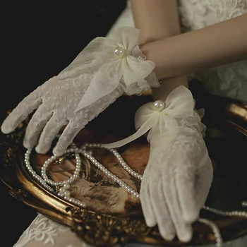 Кратки сватбени ръкавици с завързана тюлевым марлевым лък За младоженци Пролет И лято Сватбена снимка Luva De Noiva