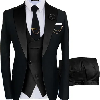 2024 Мъжки костюм от три части в корейски стил Slim Fit за бизнес банкети за мъже