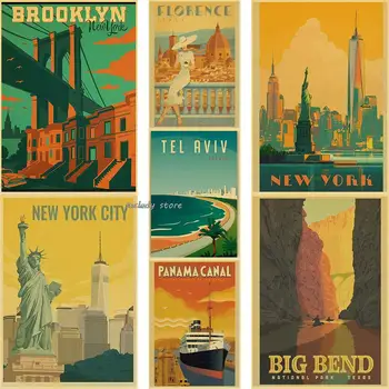 Cartoony Градски Туристически плакат, Минималистичные плакати от Ню Йорк, Художествена рисувани от Крафт-хартия в Ретро стил, боядисани стени домашен бар