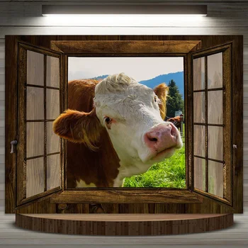 Крави на прозореца Плакат Селска къща Крава Стенно Изкуство Платно Картини Печат Хол, Детска Спалня Начало Декор Живопис Подаръци Куадрос