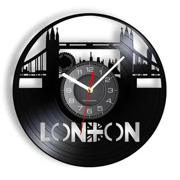 Лондонския Тауър бридж Vinyl плоча Стенни часовници Градски пейзаж Градска атракция на London Eye Граммофонная плоча Стенен часовник ръчна изработка на лазерно рязане