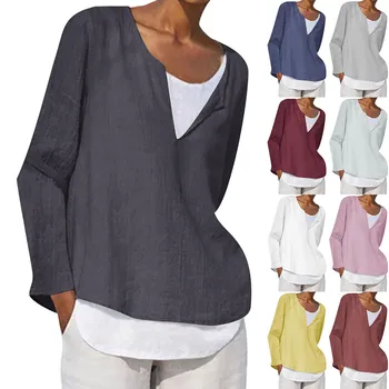 Дамски Есенни и зимни Блузи, Дамски Модни Обикновен памук спално бельо, дамски ризи, Голям размер С дълъг ръкав тениска женски 2023