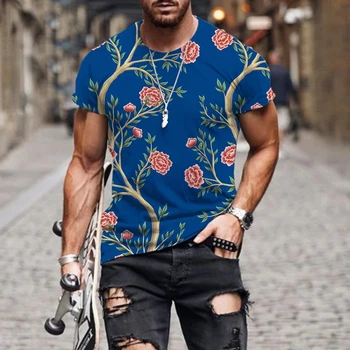 2023 Мъжка класическа тениска с 3D-принтом във формата на цвете, лятна мода, къс ръкав, забавна ежедневна тениска с кръгло деколте, дрехи