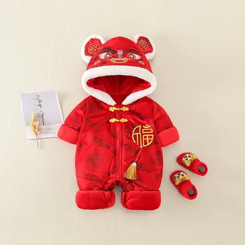 Традиционен фестивал на Детската китайската нова червени дрехи за момичета и момчета, костюм от епохата на Тан, Зимна едно парче, комбинезони, Облекла в тигрова шапка, подаръчен комплект
