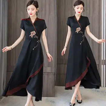 2024 традиционните китайски рокля чонсам подобряване на атласное ципао с национална бродерия на цветя ципао източното народно дълга рокля ципао
