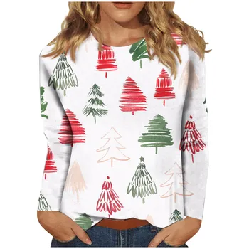 2023 Дамска Есенно-Зимна Коледна тениска с дълъг ръкав и кръгло деколте, Коледен Пуловер с принтом Снежен човек, S-6XL