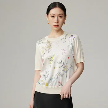 Летни дамски тениски с къс ръкав, блузи, топ от 90% коприна тутового дърво, 10% ликра с растително принтом. S-573