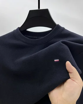 Висококачествено кадифе топло тениска с кръгло деколте и дълъг ръкав, мъжки брандираната бродирани есенно-зимния удобен всекидневен пуловер