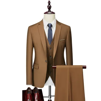 2023 Нов мъжки модерен бизнес универсален костюм за почивка, сватбен костюм на младоженеца в една пуговице, комплект от три елемента