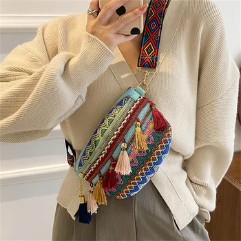 Дамски поясная чанта с ресни в народен стил, дамски етническа чанта на едно рамо с регулируема пагон, пъстра поясная чанта цвят Каки / син /жълт
