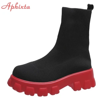 Aphixta Есен Нови Чорапи от еластичен плат Обувки, Дамски Ежедневни обувки на платформа на Окото Червени Възли Къси ботуши Дамски Обувки голям размер