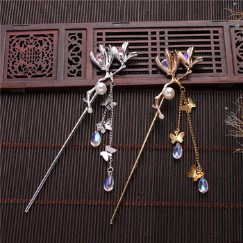 Сватбена Китайски цвете кристал Пеперуда Пискюл Перлени пръчки за коса Чиния, Вилица за коса Hanfu Аксесоари за коса-Шнола с пискюл