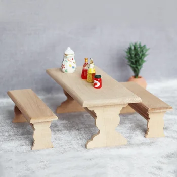1/12 Куклена къща, малка дървена маса, пейка, моделът на мебели, дълга маса и пейка, модел на комплект 