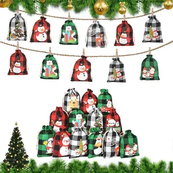 24шт Коледен Адвент-календар Коноп чанта със стикери Календар за обратно броене Подарък чанта за бонбони за момчета и момичета, Празнични подаръци за партита