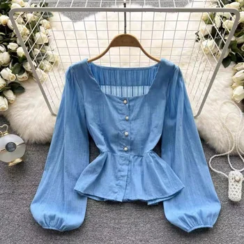 Корейската дамски ежедневни блуза в стил ретро с квадратна яка и везикулозната дълги ръкави