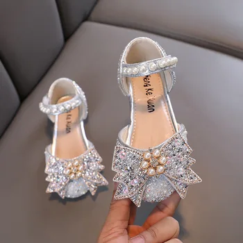 Летни Сладки сандали за момичета, Модни детски сандали принцеса с пайети и лък от планински кристал, меки Детски танцови обувки с перли H952