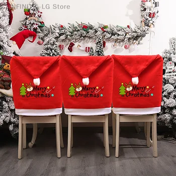 Коледен калъф за стол Червена шапка на Дядо Коледа Калъф за хранене на стола на Нова година 2024 За домашна коледно парти Декор на кухненския плот