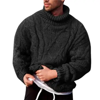 Дебели мъжки пуловер с дълъг ръкав, поло от груба вълнена прежда, вязаный пуловер в рубчик с крученым воротом за есен-зима