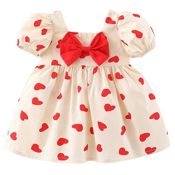 Лятна рокля на принцеса за момиченца, дрехи за новородени, червени Памучни рокли за деца в Корейски стил с хубав лък и къс ръкав, Детски дрехи BC2211-1