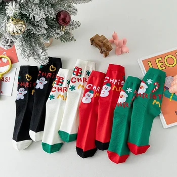 Есенно-зимни и коледни чорапи в червен цвят, дамски чорапи със средна дължина, с хубав анимационни пряничным человечком, снеговиком, Дядо Коледа