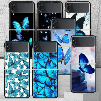 Синя Пеперуда Красива Крило Калъф За Телефон Samsung Galaxy Z Flip 4 5 Flip3 5G Black Твърди Корици ZFlip4 ZFlip5 ZFlip3 на Корпуса Fun