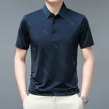 Летни мъжки ризи 2024 г., висококачествен памучен риза за голф с бродерия, мъжки бизнес модни блузи на райета, дрехи с къс ръкав