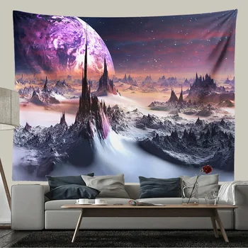 Гоблен с лилави планети, виси на стената в стил хипи, Галактическата космически стенен гоблен, естетичен и за декорация на спалня и хол