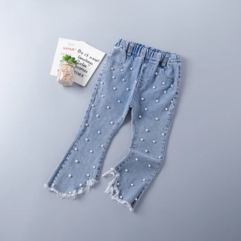 Висококачествени пролетта дънкови панталони за момичета от 3 до 10 години 2022, Нова мода ежедневни бебешки дрехи с перли, панталони за момичета