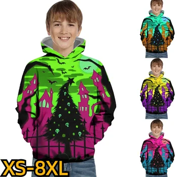 Върховете на Есента тенденция За момчета с джобове и дълги ръкави 2023, Зимни детски пуловер с кръгло деколте и качулка, 3D-печат