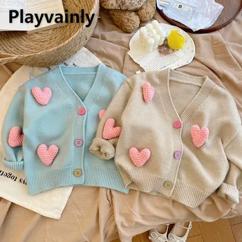 Чисто нов пролетно-есенен скъпа жилетка за малки момичета Love Heart с V-образно деколте, однобортные възли пуловери, палта, детски дрехи E33095