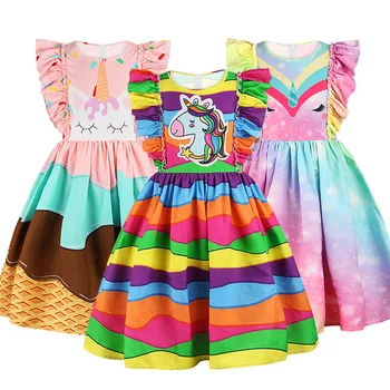 Лятна рокля от полиестер райе с единорогом за момичета, празнични рокли на принцеси за деца, детски дрехи, детски коледно облекло