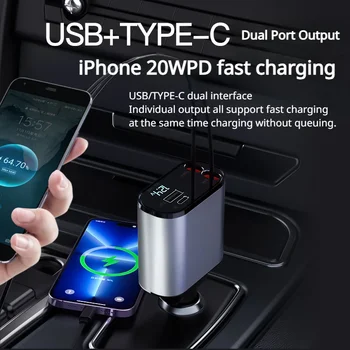 За Бързо Зарядно Устройство Eary 100 W USB + Type-C с Двухпортовым Цифров Дисплей, Метален Зарядно за Кола, Запалки с Кабелна Зарядно за кола Устройство