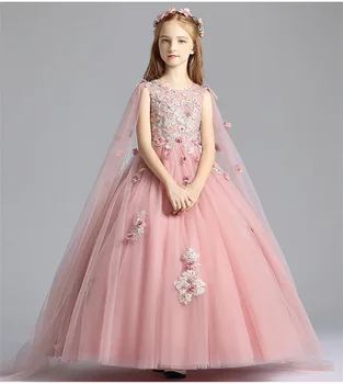 Луксозни розови дантелени рокли за момичета, сватбени апликация с бродерия, детско дълга бална рокля, костюм на принцеса за рождения Ден, Свято Причастие