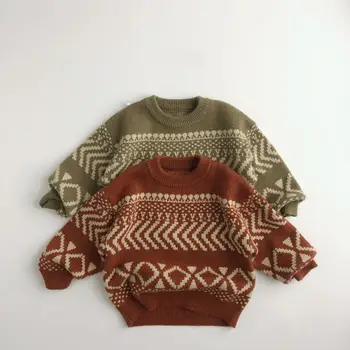 Есента Нов детски жаккардовый пуловер с дълъг ръкав За малки момчета, всекидневни ретро пуловер за момичета, Свободни възли блузи, Детски трикотаж