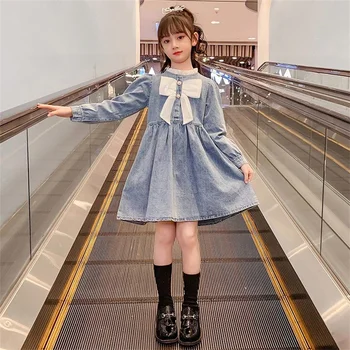 2022 Нова модна марка Baby Kids Джинсовое мини-рокля за момичета, джинсовое рокля с дълъг ръкав и лък, ежедневното празнична рокля-риза