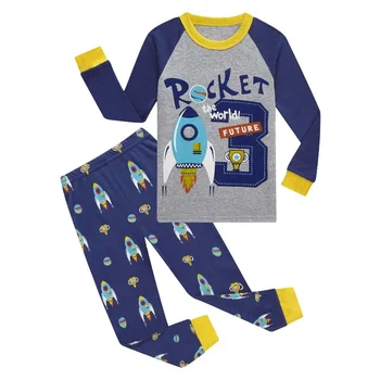 Хлопчатобумажный пижамный комплект за малки момчета, детски домашно облекло с дълги ръкави от карикатури, топла пижама за деца, пуловер с кръгло деколте, топ и панталон, ежедневни облекла
