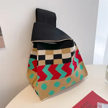 Вязаная чанта на китката в японски стил, чанта с възел на ръкава, преносим чанта, холщовая чанта, дамска чанта за разходка, чанта за ключове, джоб за телефон