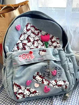 Деним раница Sanrio Hello Kitty, училищна чанта, сладък и гъвкав, училищна мода училищна чанта за момчета и момичета