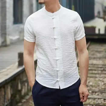Реколта Мъжка лятна риза С висока яка, къс ръкав, Мъжки топ, Обикновен, Оборудвана, копчета, Мъжка риза, Китайската Традиционна риза