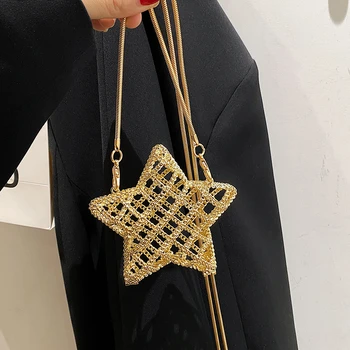Нова Дамски Луксозна Метална чанта с выдалбливаемой веригата под формата на звезди, чанта през рамо, Женствена чанта за партита, чанта-тоут, чанта през рамо