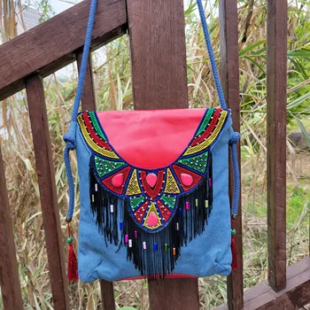 Новата модерна дамска чанта, летни чанти с пискюли, артистична жена кожена чанта ръчна изработка от 100% памук, синя чанта през рамо