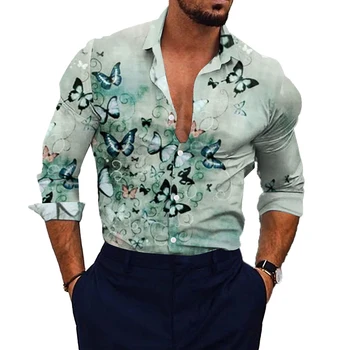 Стилна мъжка риза с дълъг ръкав и принтом, риза с копчета с яка за парти, тениска от полиэстеровой тъкан