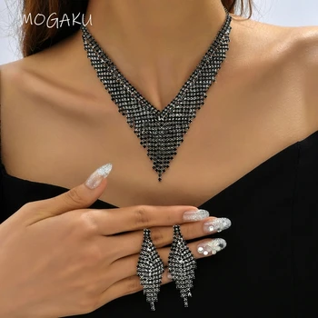 Секси V-образна колие MOGAKU, Модни обеци с пискюли от черен кристал, дамски висулки за партита в нощен клуб, аксесоари