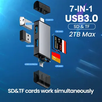 Четец за карти 7 в 1 с USB 3.0 Type C на SD TF Карта памет, адаптер флаш устройство за КОМПЮТЪР, Аксесоари за преносими компютри, мулти-smart-cardreader